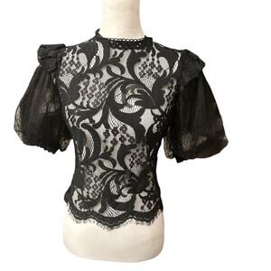 Peach Small Black Lace Sheer Short Sleeve Top